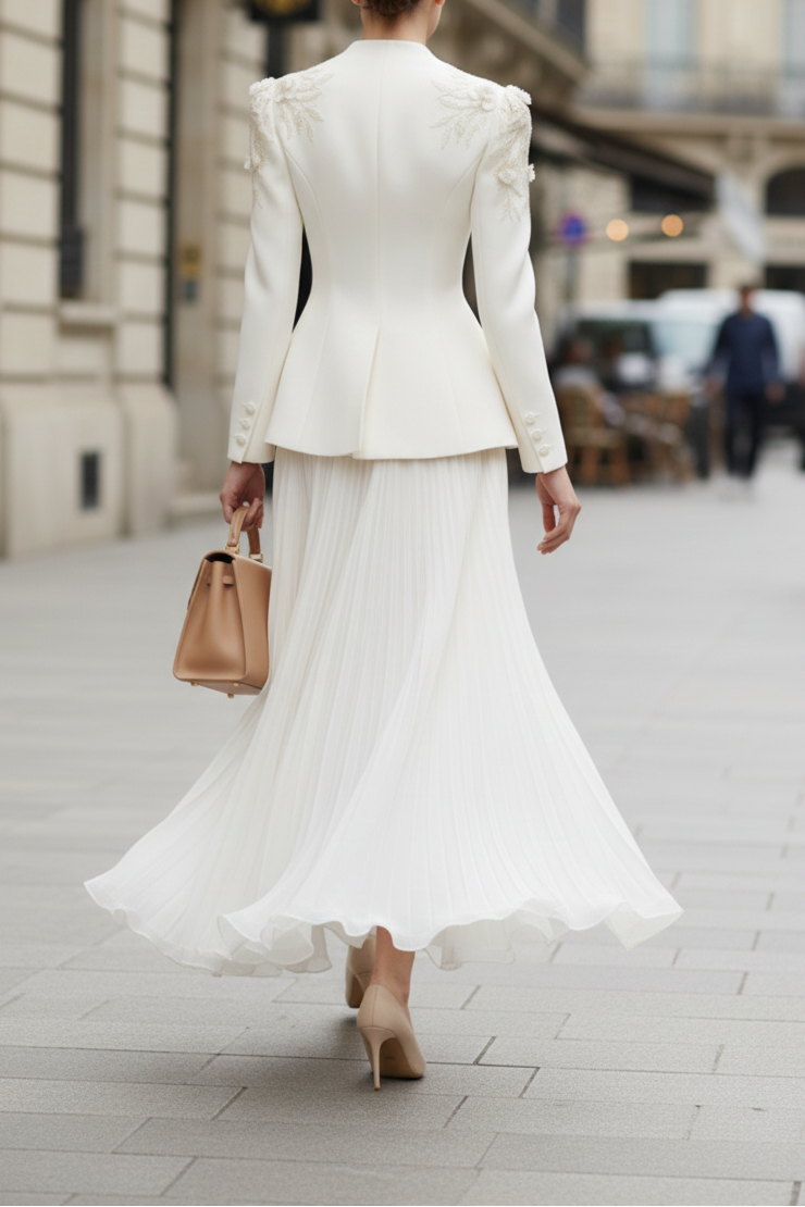 Button Long Sleeve V-Neck Flowers A-Line Evening Dress