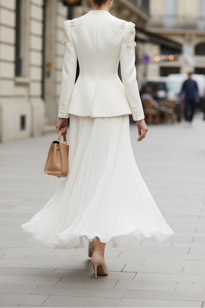 Button Long Sleeve V-Neck Flowers A-Line Evening Dress