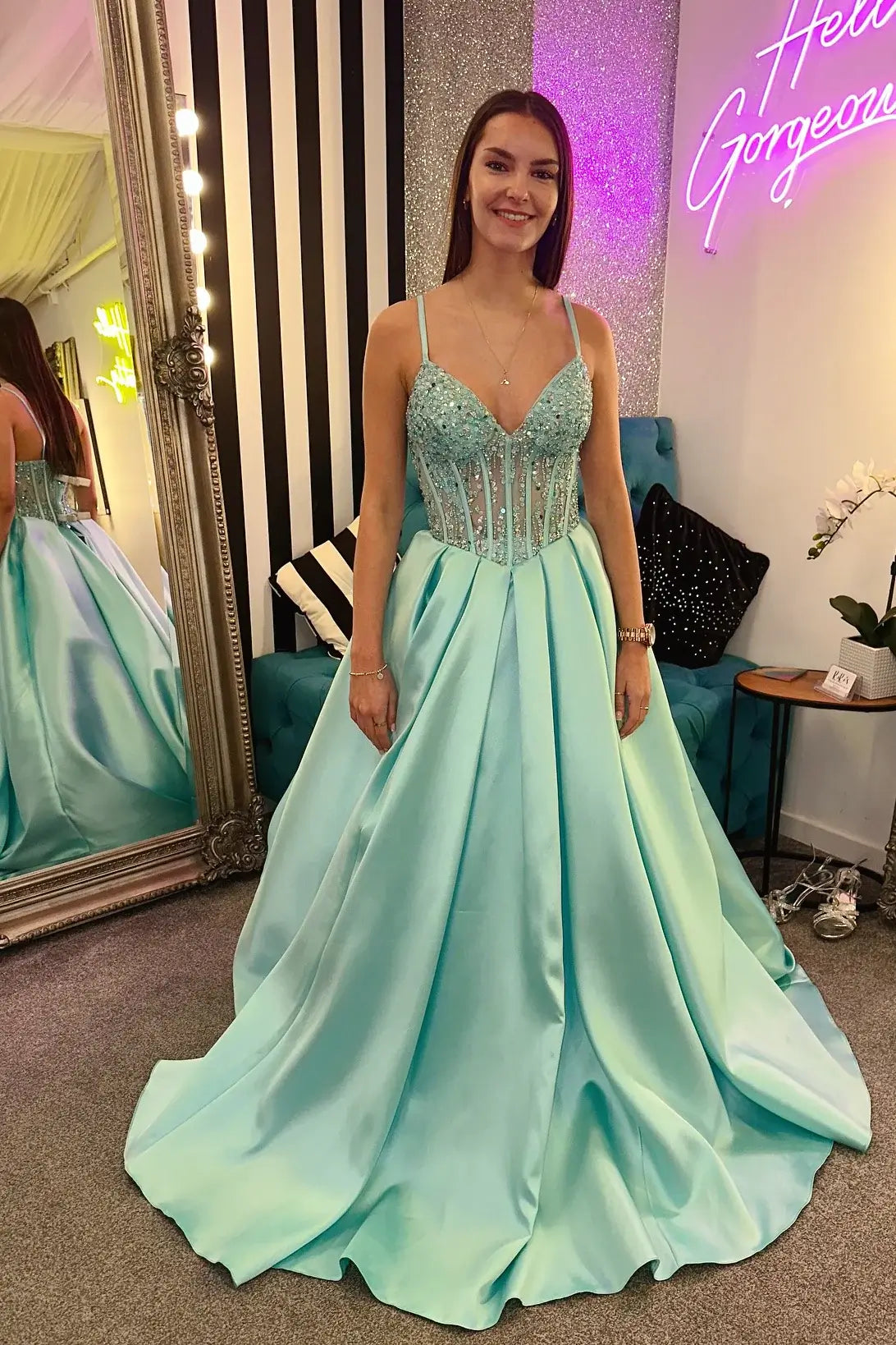 Long Corset Beaded Aqua Prom Dress 2026 Satin V-Neck Spaghetti Strap