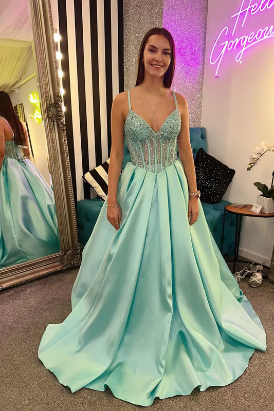 Long Corset Beaded Aqua Prom Dress 2026 Satin V-Neck Spaghetti Strap