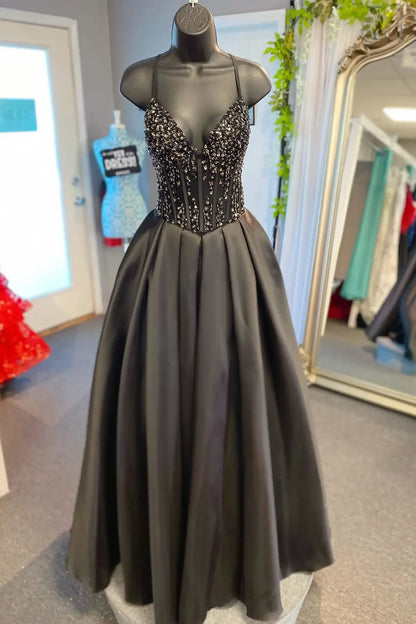 Long Corset Beaded Aqua Prom Dress 2026 Satin V-Neck Spaghetti Strap