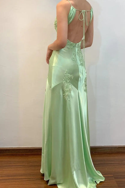 Long Lime Green Evening Gown Floral Embroidery Wedding Guest Dress