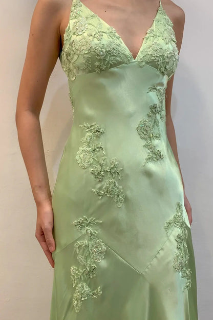 Long Lime Green Evening Gown Floral Embroidery Wedding Guest Dress