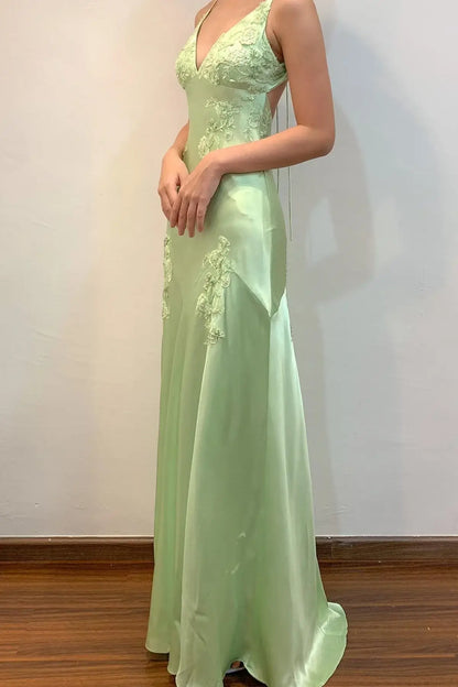 Long Lime Green Evening Gown Floral Embroidery Wedding Guest Dress