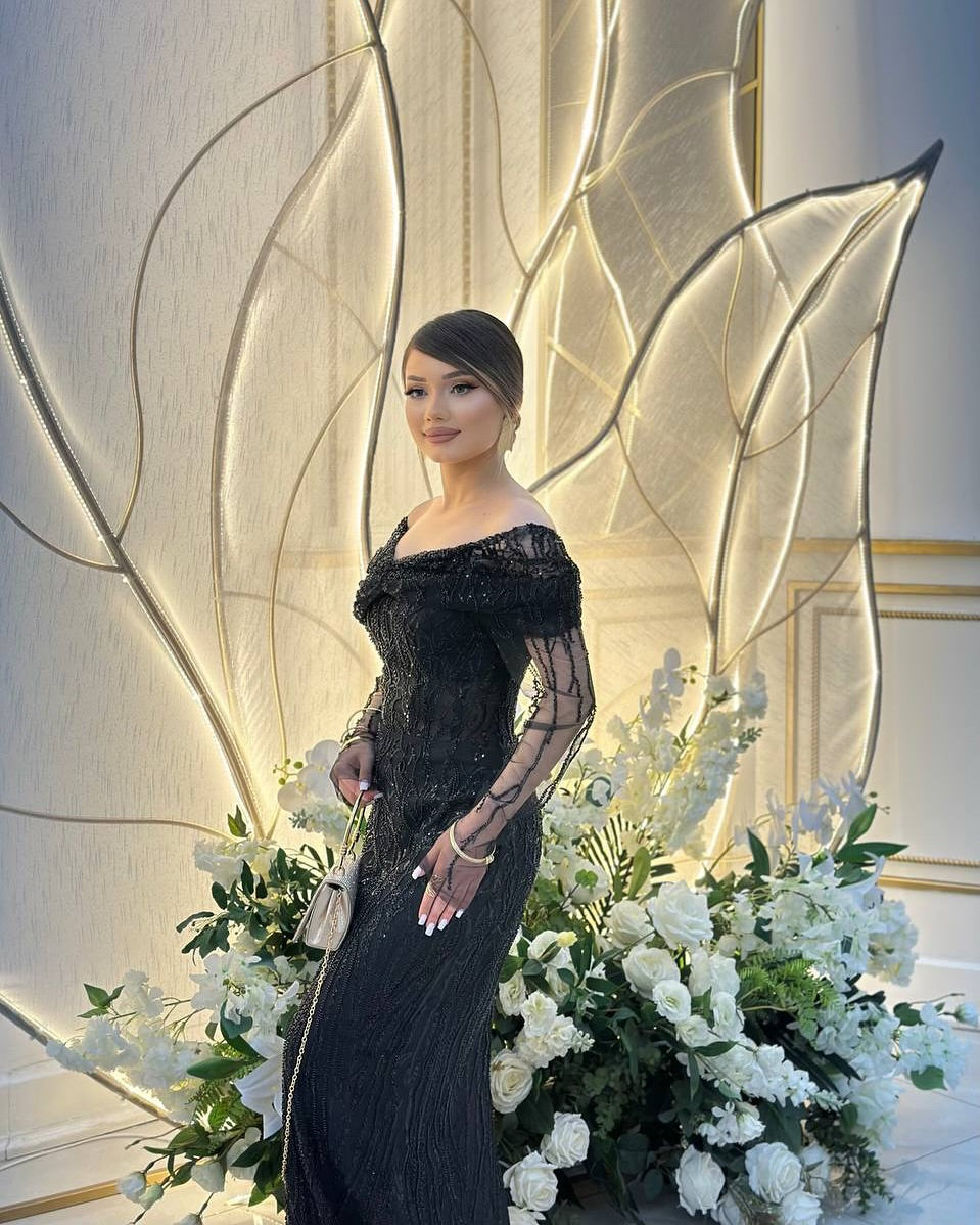 Sparkle Sequin Black Lace Off the Shoulder Long Sleeve Mermaid Evening Dress