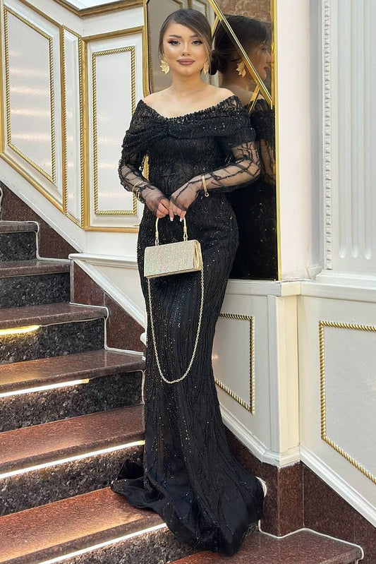 Sparkle Sequin Black Lace Off the Shoulder Long Sleeve Mermaid Evening Dress