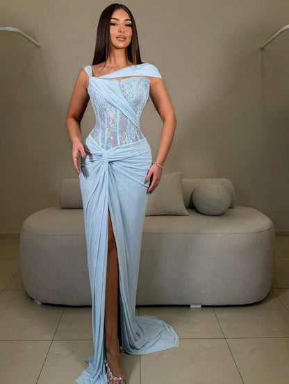 Sleeveless Lace Sheer Mermaid Side Slit Evening Dress Floor-Length