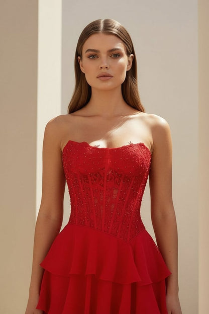 Red - Strapless Chiffon Ruffled A Line Formal Prom Dresses With Lace Appliques