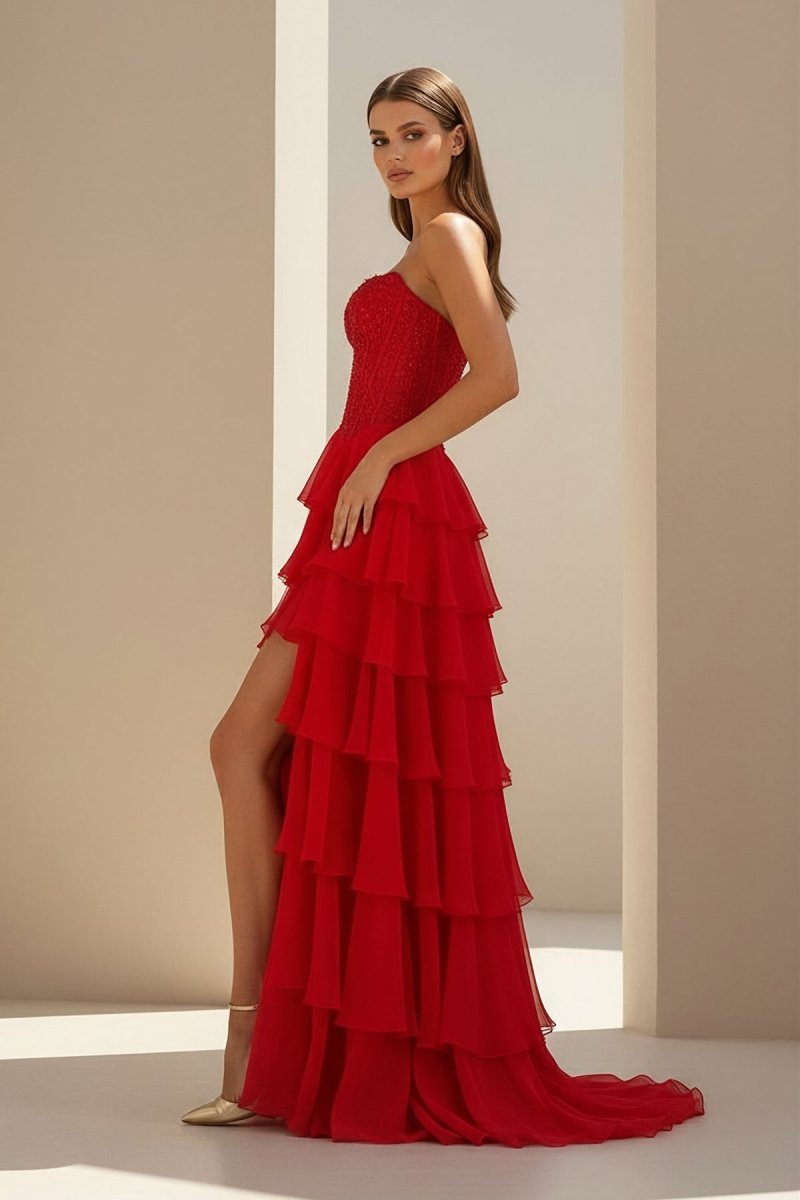 Red - Strapless Chiffon Ruffled A Line Formal Prom Dresses With Lace Appliques