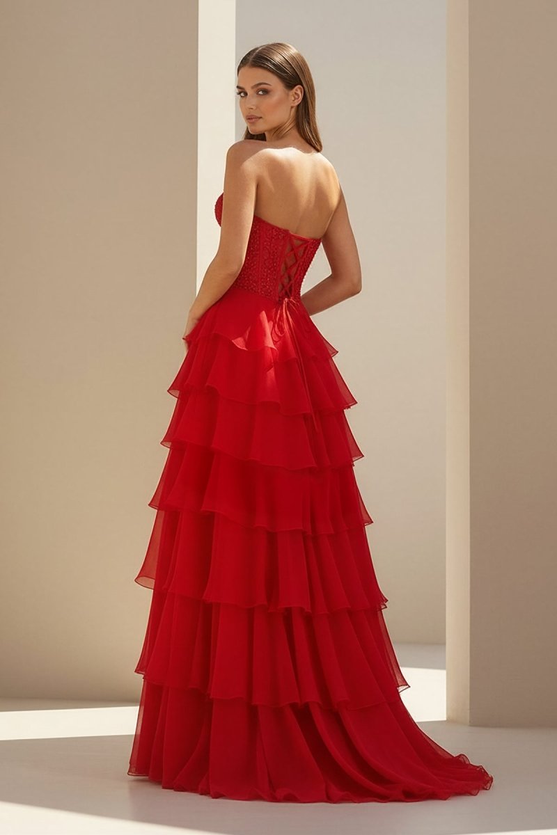 Red - Strapless Chiffon Ruffled A Line Formal Prom Dresses With Lace Appliques