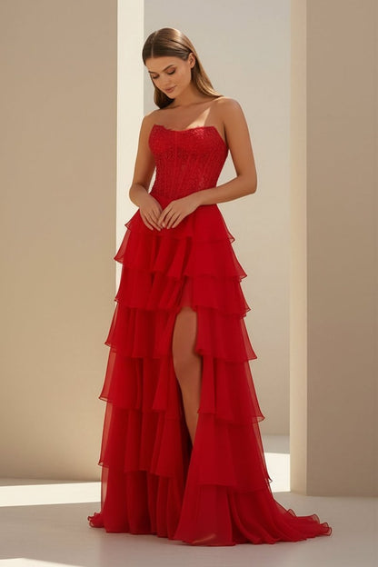 Red - Strapless Chiffon Ruffled A Line Formal Prom Dresses With Lace Appliques