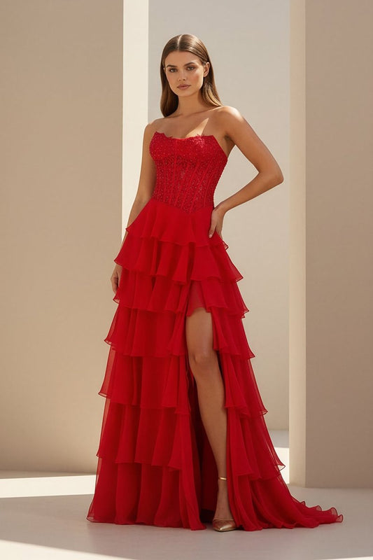 Red - Strapless Chiffon Ruffled A Line Formal Prom Dresses With Lace Appliques