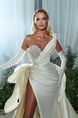 Luxury Ivory Sweetheart High Split Satin Mermaid Wedding Dresses