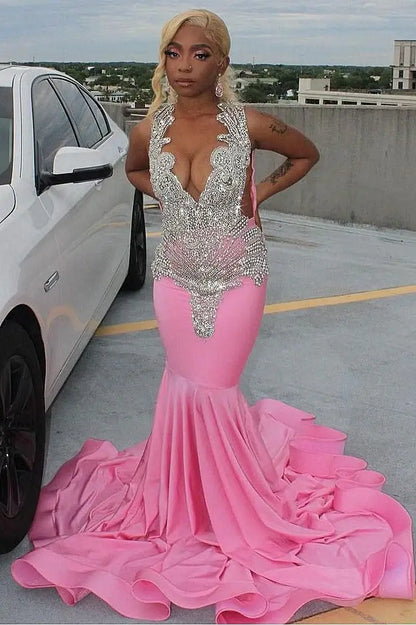 Luxury Mermaid Pink Satin Prom Dresses Sleeveless Silver Beads