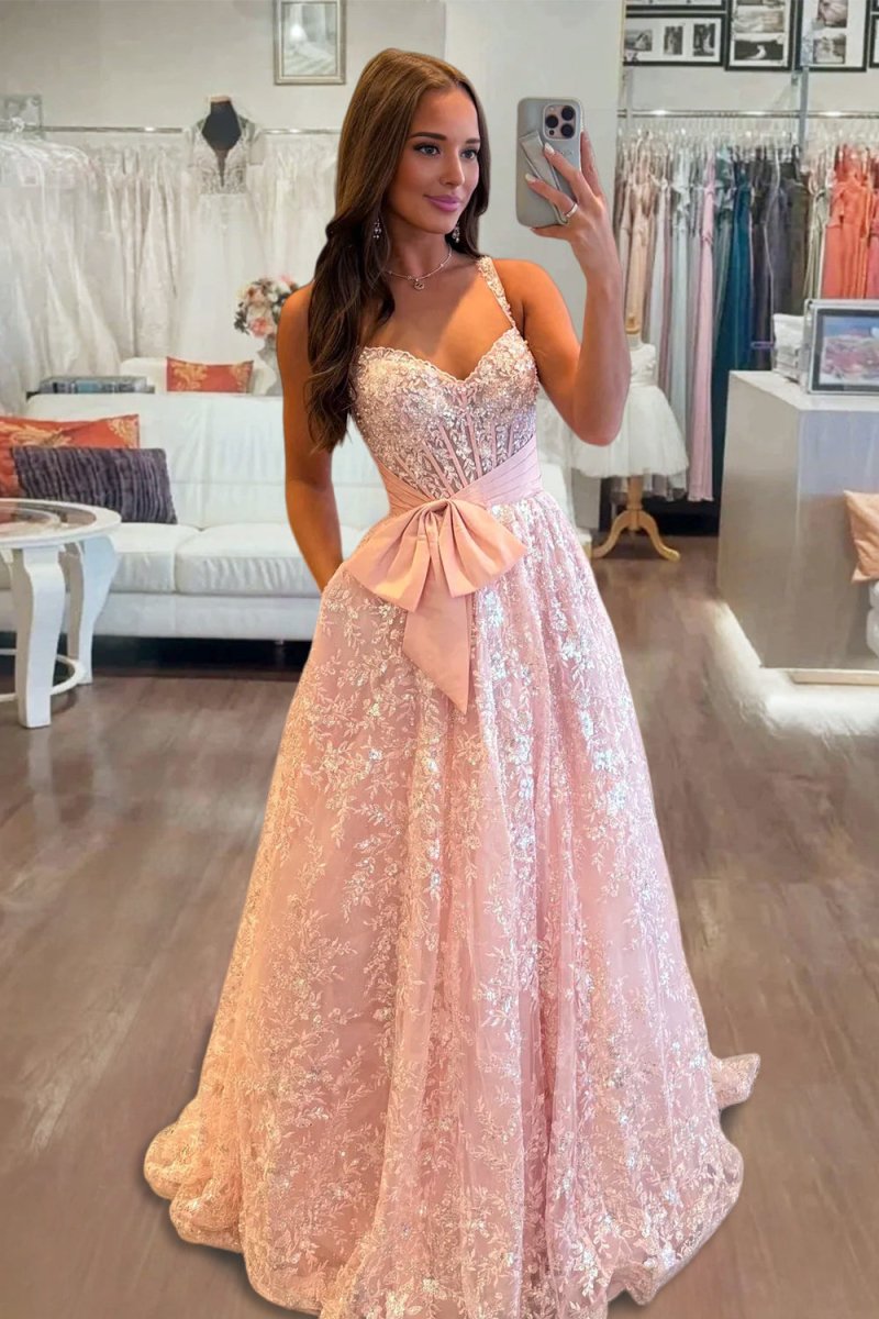Sweetheart A Line Sequined Lace Long Prom Dresses With Bow