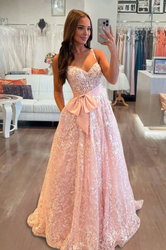 Sweetheart A Line Sequined Lace Long Prom Dresses With Bow