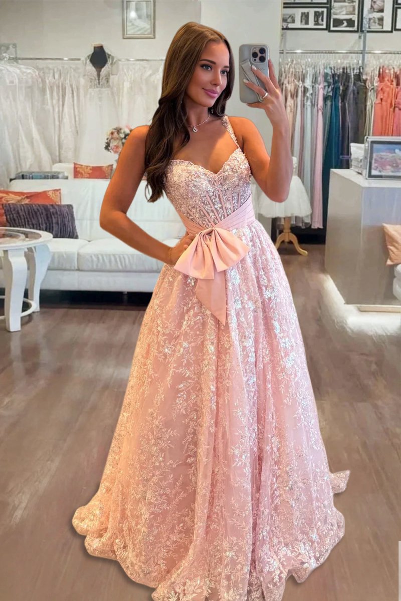Sweetheart A Line Sequined Lace Long Prom Dresses With Bow