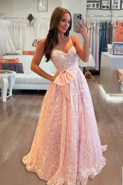 Sweetheart A Line Sequined Lace Long Prom Dresses With Bow