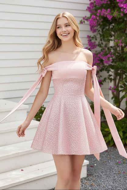 Off Shoulder Sequin Mini Dress with Bow Tie Sleeves