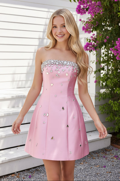 Strapless Crystal Embellished A-Line Mini Dress