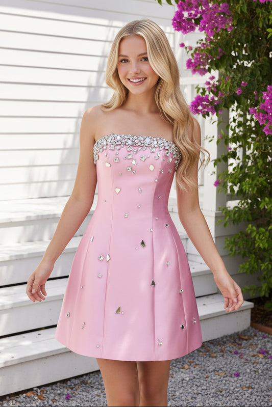 Strapless Crystal Embellished A-Line Mini Dress