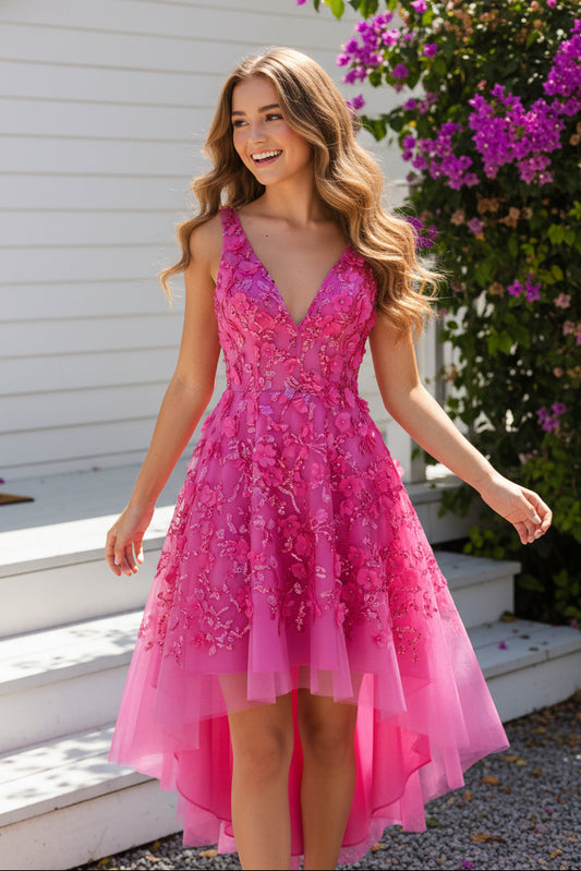 3D Floral Sequin High-Low A-Line Dress