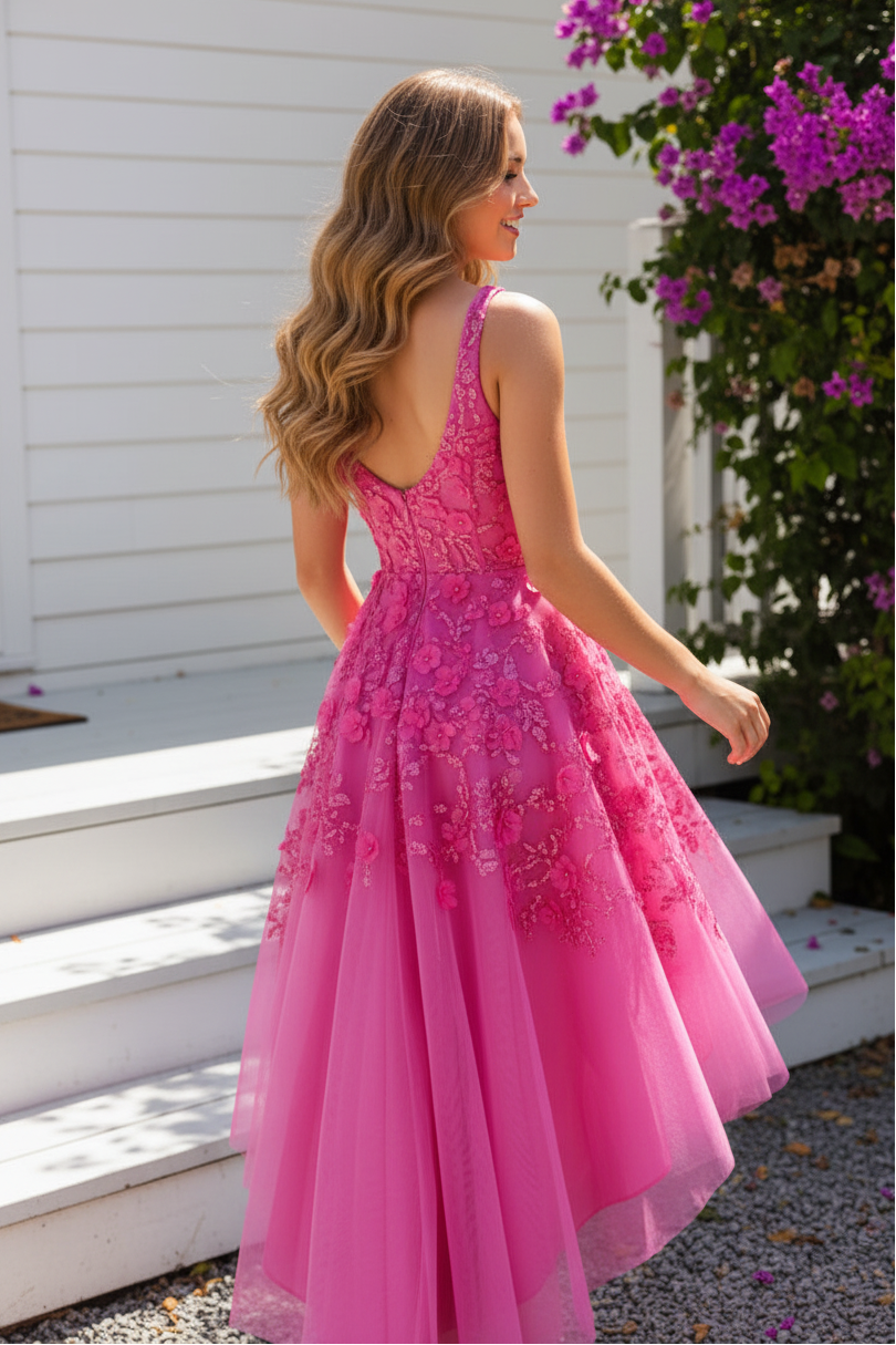 3D Floral Sequin High-Low A-Line Dress