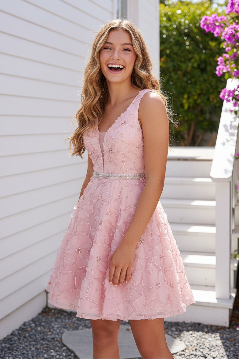 3D Floral Applique A-Line Party Dress with Beading
