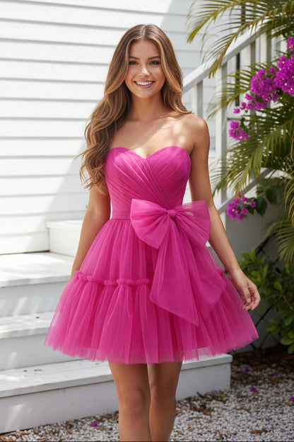 Strapless Ruched Tulle Mini Dress with Bow