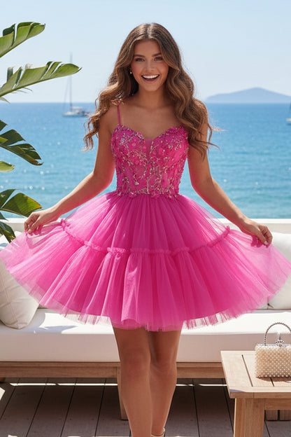 Floral Applique Tiered Tulle Short Dress