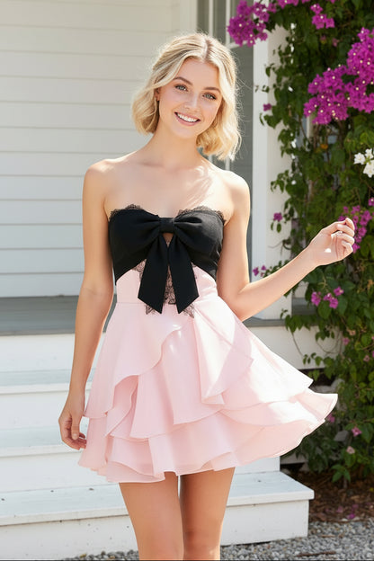 Strapless Bow Corset Tiered Ruffle Mini Dress