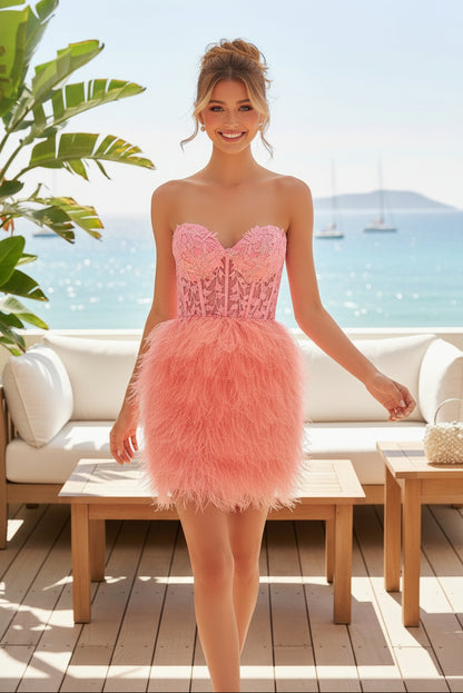 Feather Skirt Lace Corset Mini Dress