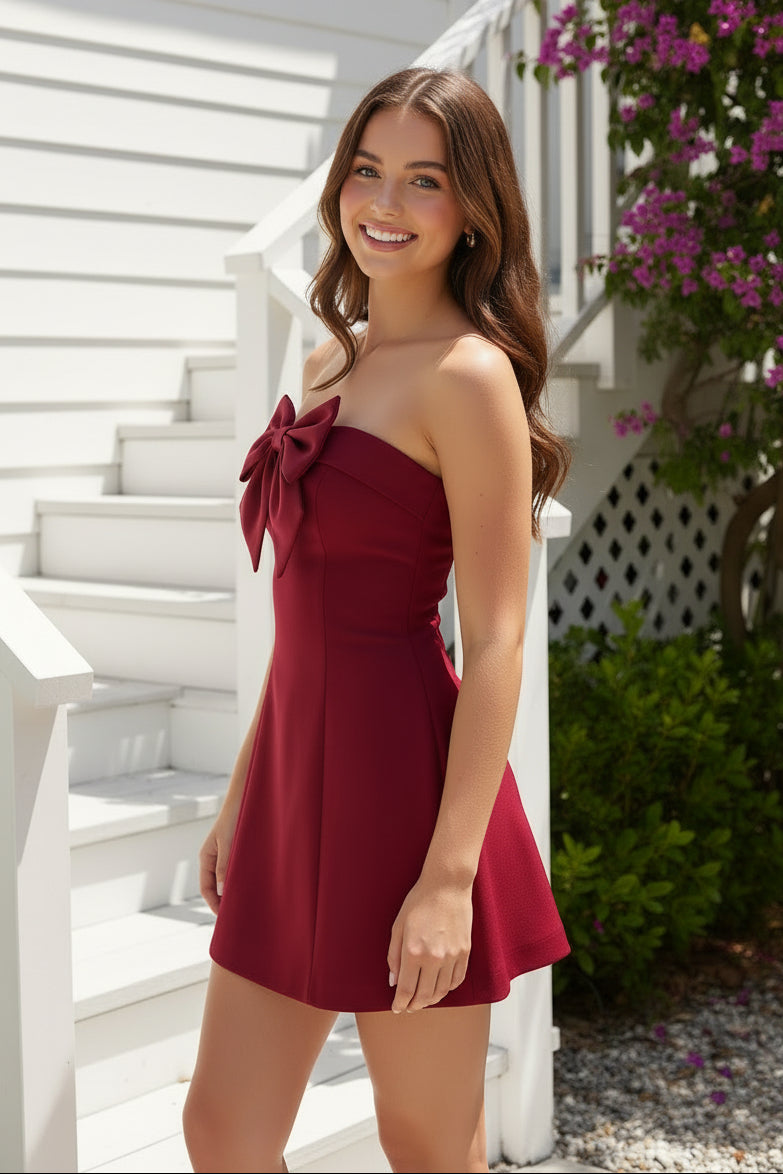Strapless Satin Bow Mini Dress with Lace-Up Back