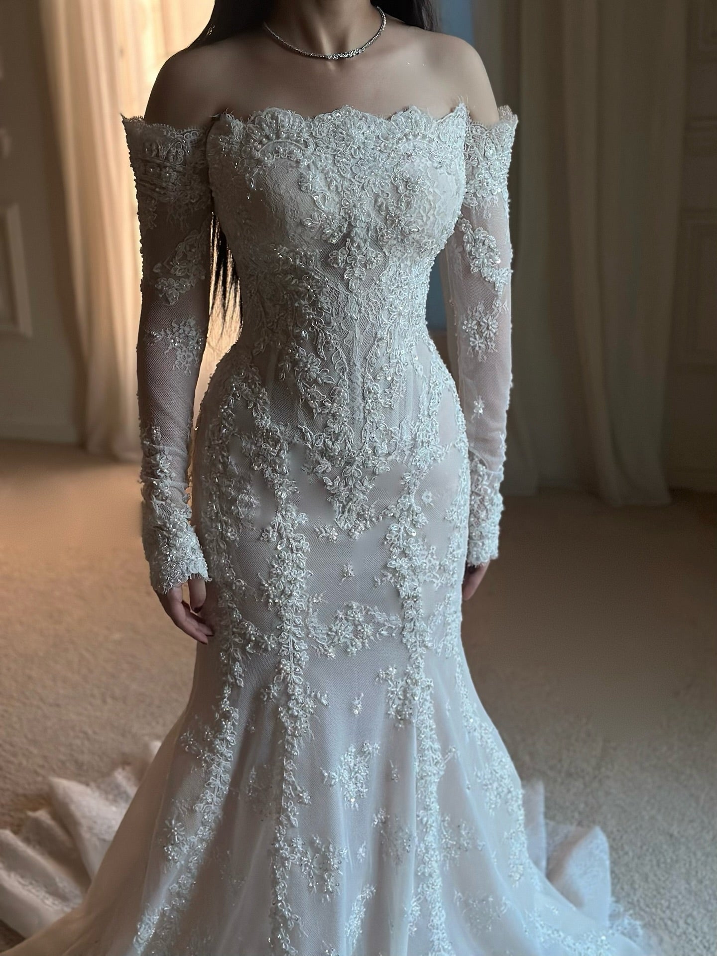 Lace Applique Off the Shoulder Long Sleeve Mermaid Court Train Wedding Dress