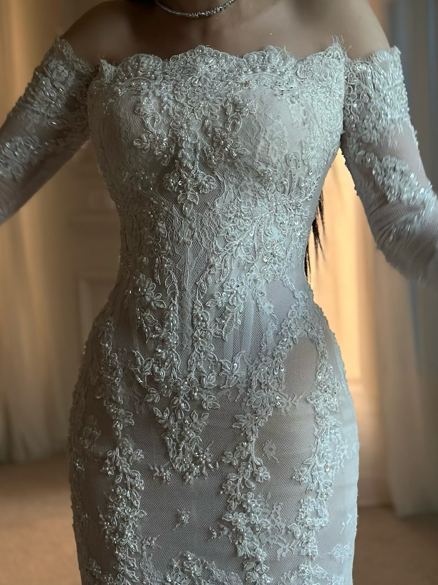 Lace Applique Off the Shoulder Long Sleeve Mermaid Court Train Wedding Dress