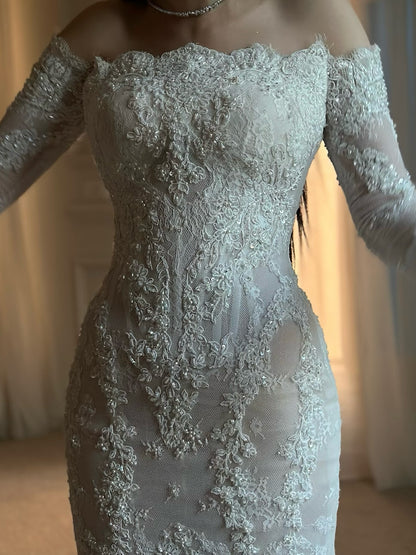 Lace Applique Off the Shoulder Long Sleeve Mermaid Court Train Wedding Dress