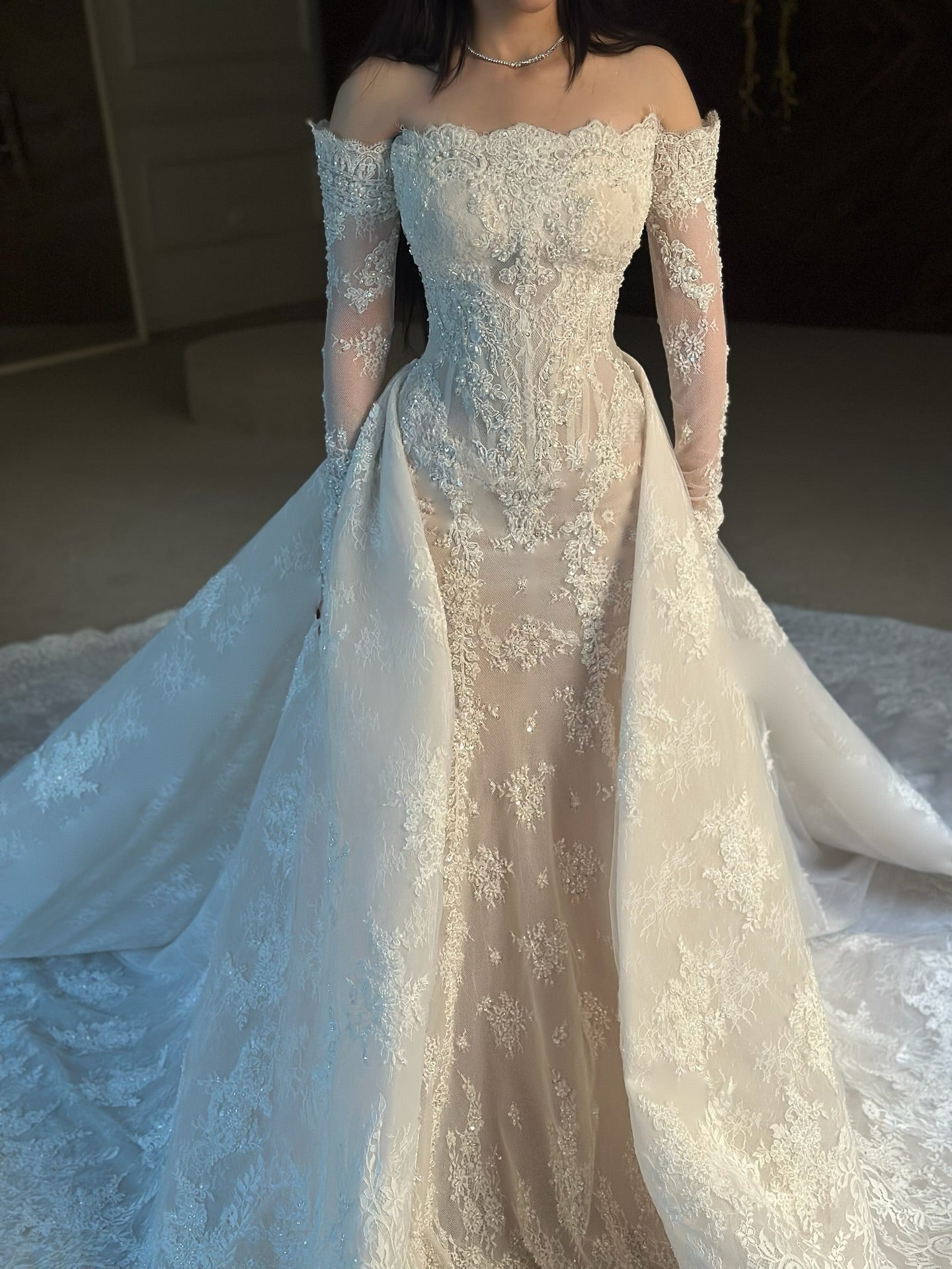 Lace Applique Off the Shoulder Long Sleeve Mermaid Court Train Wedding Dress