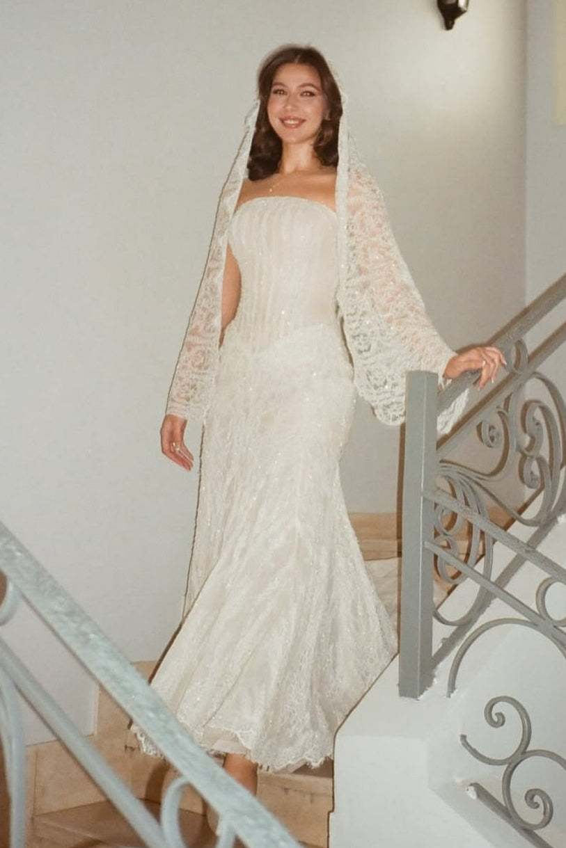 Lace Sequins Strapless Sleeveless Mermaid Wedding Dress