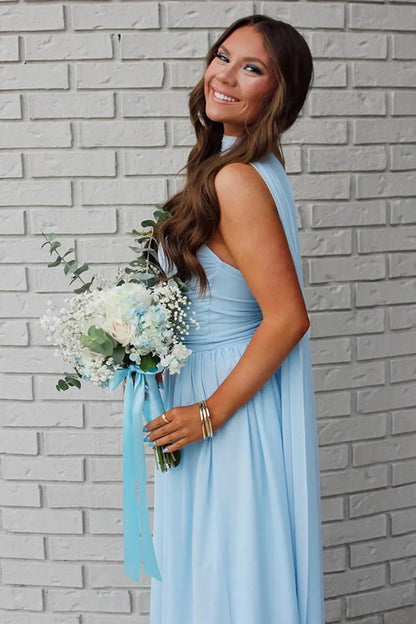 Sky Blue - Strapless Chiffon Pleated A Line Long Prom Dresses With Scarf