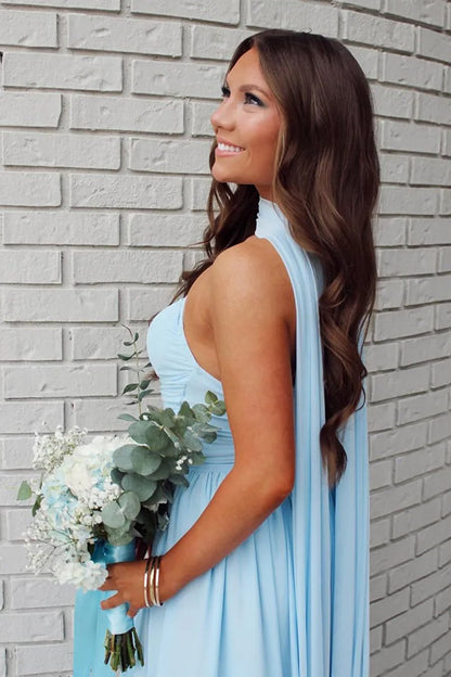 Sky Blue - Strapless Chiffon Pleated A Line Long Prom Dresses With Scarf