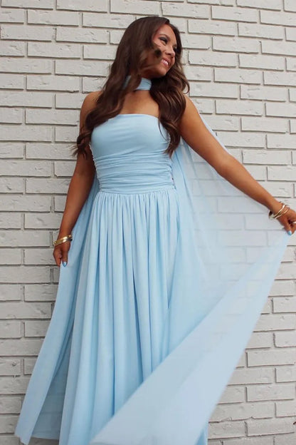 Sky Blue - Strapless Chiffon Pleated A Line Long Prom Dresses With Scarf