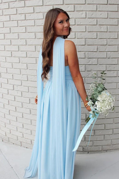 Sky Blue - Strapless Chiffon Pleated A Line Long Prom Dresses With Scarf