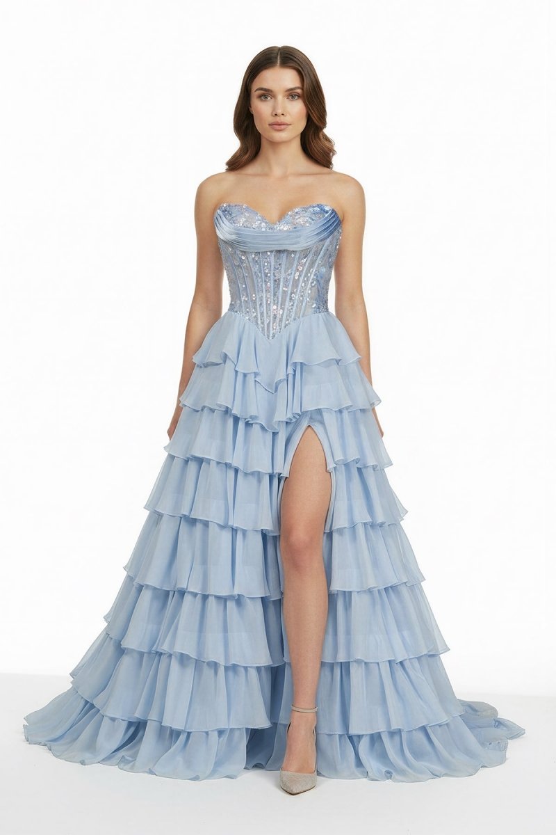 Sky Blue - Strapless A Line Chiffon Ruffled Long Formal Prom Dresses With Sequins
