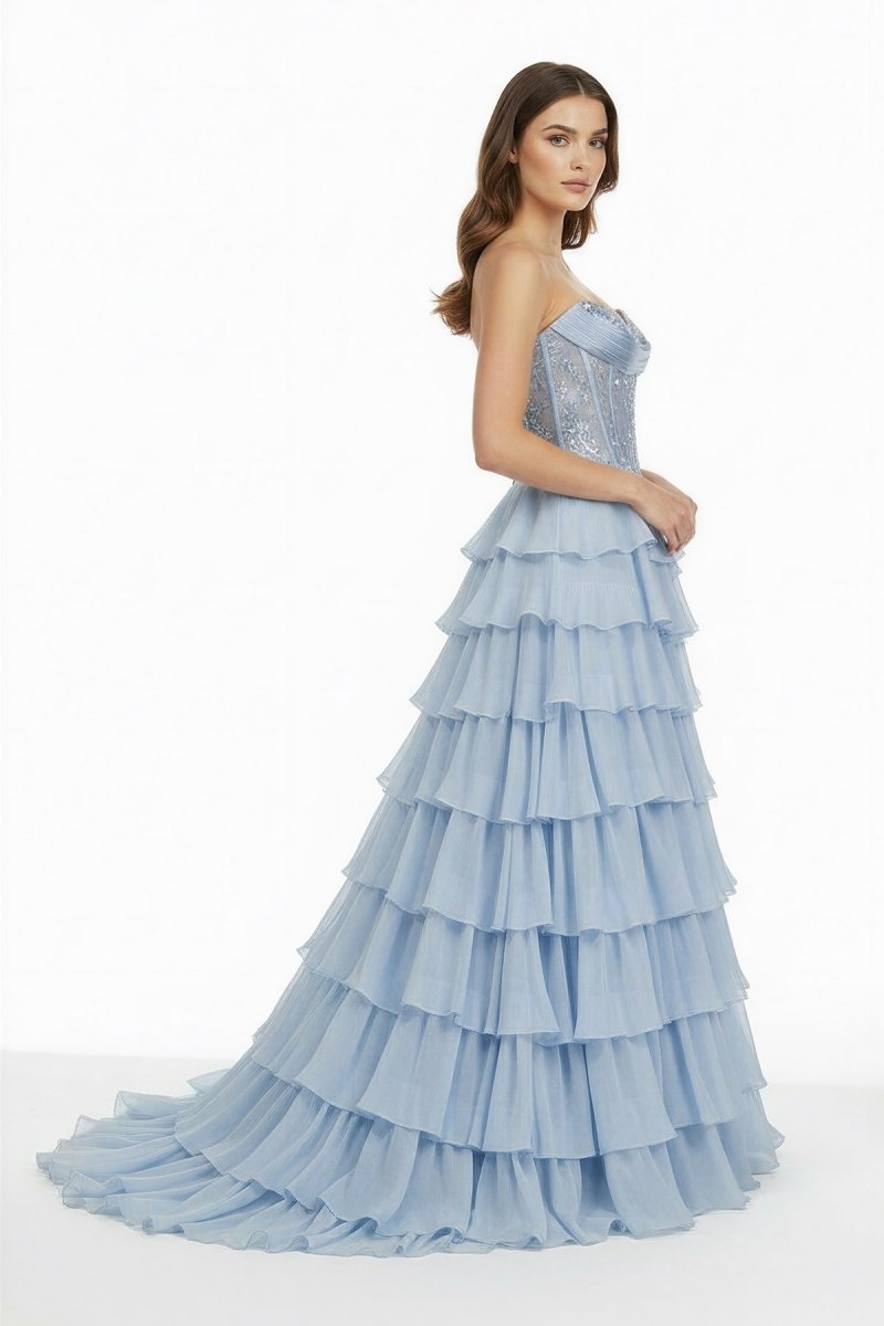 Sky Blue - Strapless A Line Chiffon Ruffled Long Formal Prom Dresses With Sequins