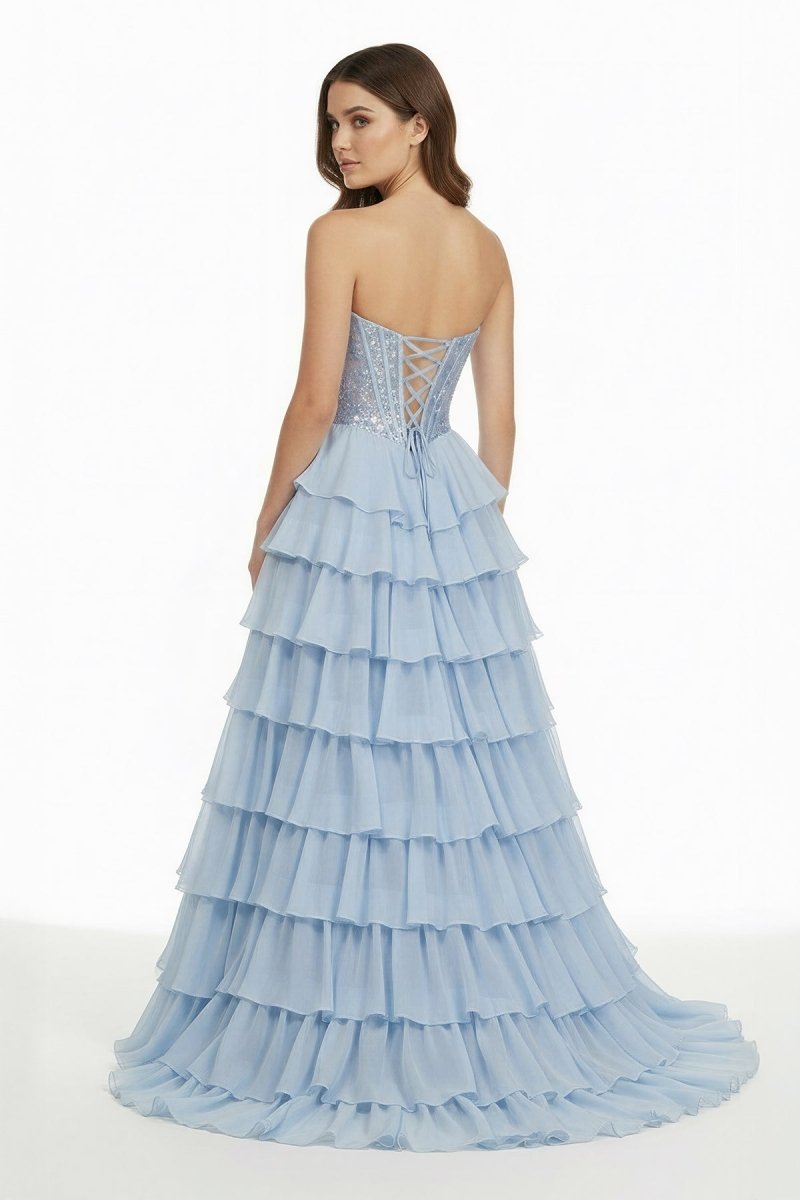 Sky Blue - Strapless A Line Chiffon Ruffled Long Formal Prom Dresses With Sequins