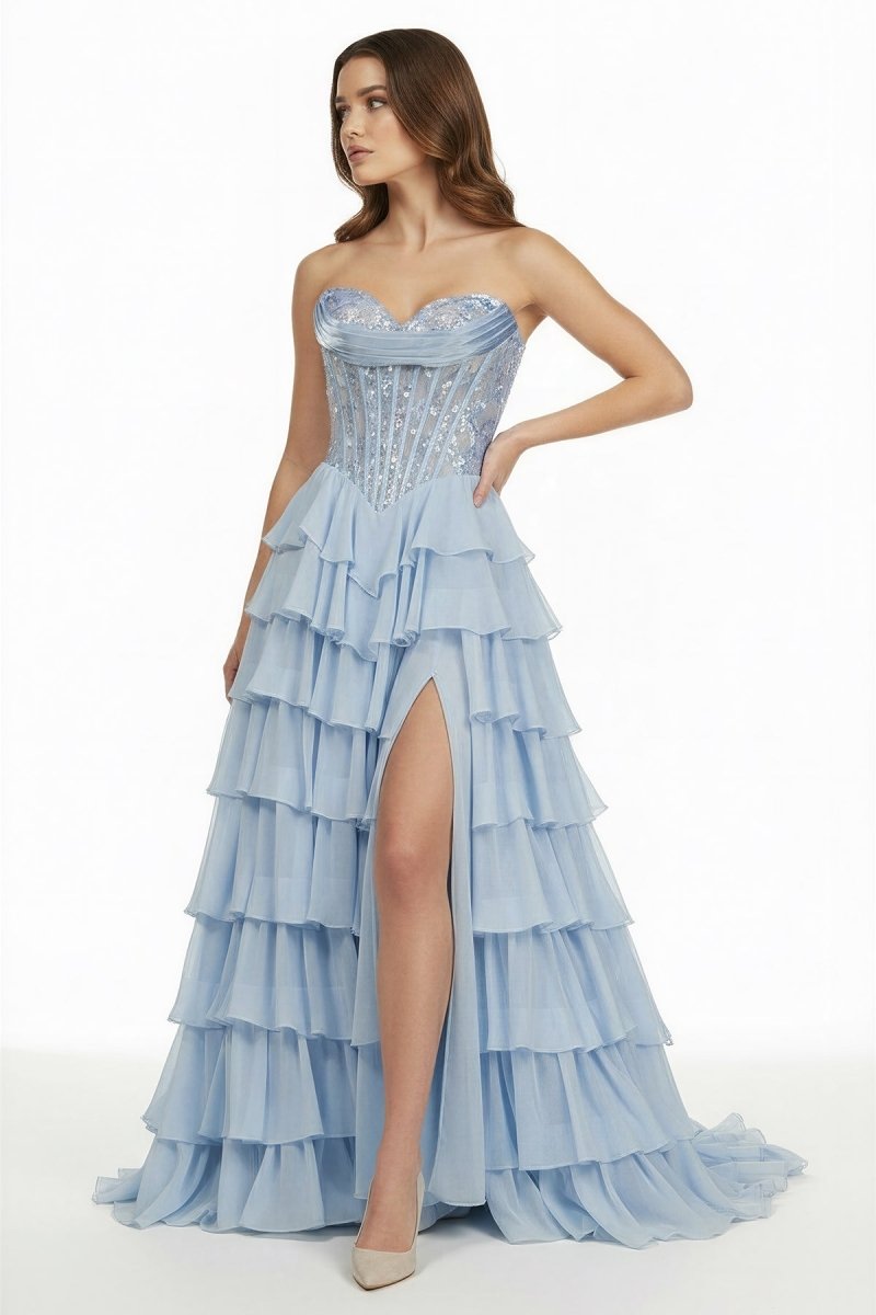 Sky Blue - Strapless A Line Chiffon Ruffled Long Formal Prom Dresses With Sequins