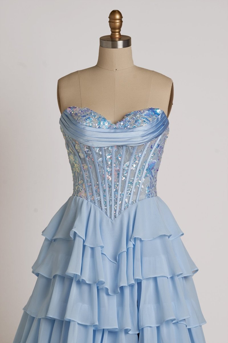Sky Blue - Strapless A Line Chiffon Ruffled Long Formal Prom Dresses With Sequins
