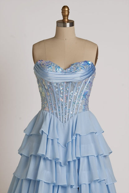 Sky Blue - Strapless A Line Chiffon Ruffled Long Formal Prom Dresses With Sequins