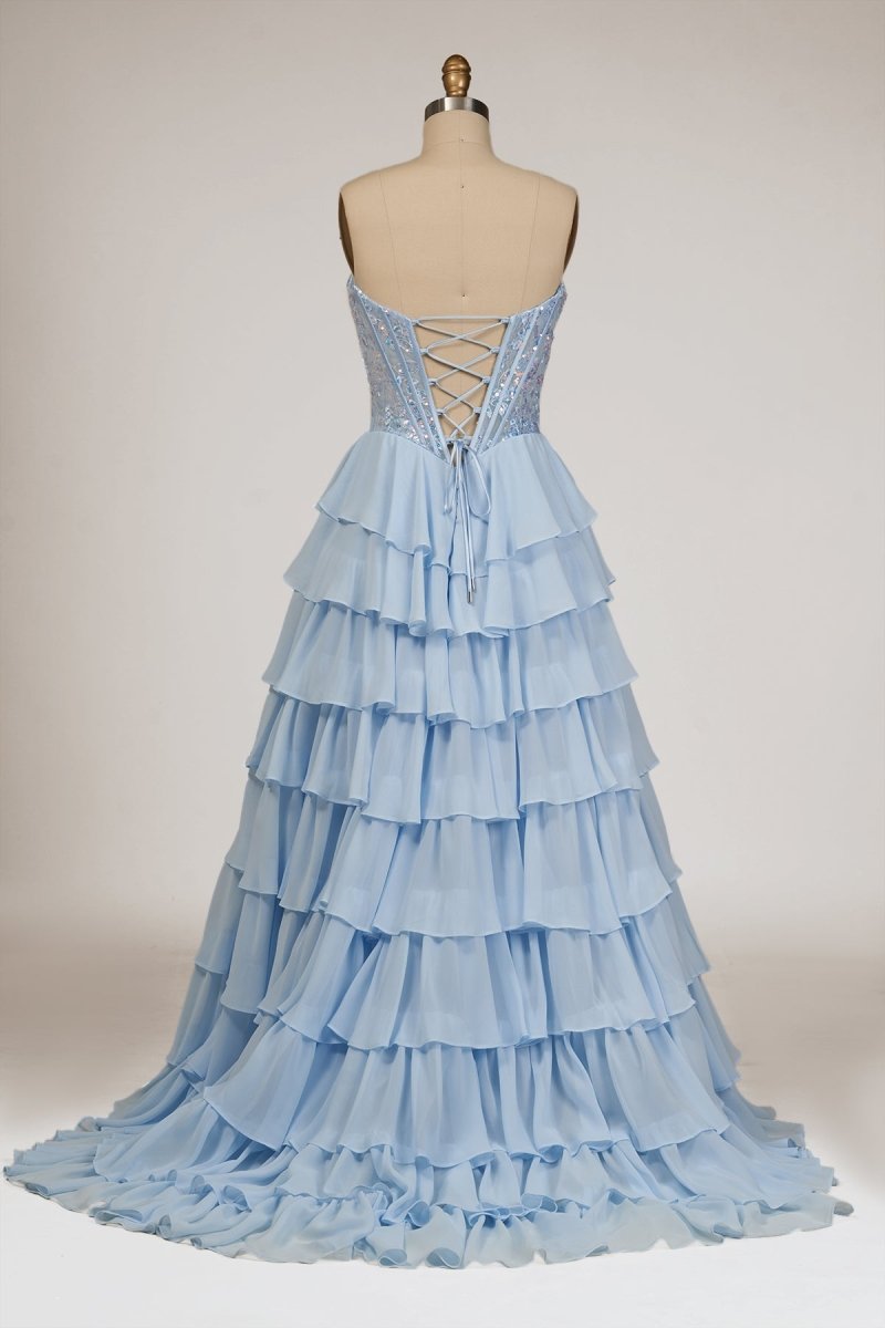 Sky Blue - Strapless A Line Chiffon Ruffled Long Formal Prom Dresses With Sequins