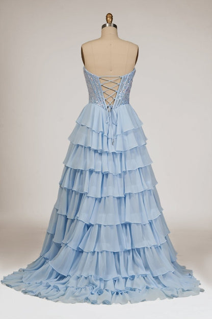 Sky Blue - Strapless A Line Chiffon Ruffled Long Formal Prom Dresses With Sequins